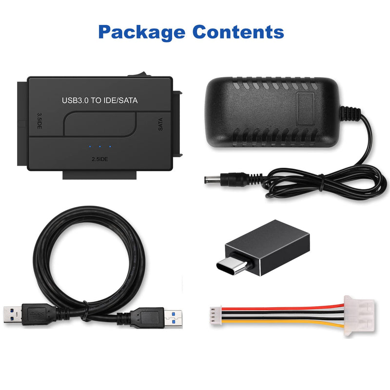 USB 3.0 to SATA IDE Hard Drive Reader, YINNCEEN External Hard Drive Converter Universal Hard Drive Adapter Kit for 2.5/3.5 HDD/SSD Hard Drive Disk, Include 12V/2A Power Adapter BlackTwo