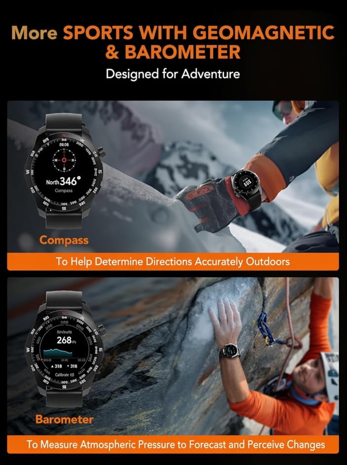 SKG Smart Watch for Men Women, 1.43" GPS Built-in Smartwatch with 100+ Sports Magnetometer Barometer, 9-Day Runtime 5ATM Waterproof Fitness Watch, for Health Tracker Android iPhone Compatible, GT5 Orange