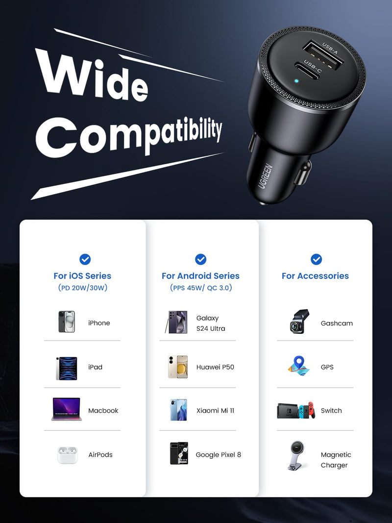 UGREEN 63W 2-Port USB C Car Charger, Type C Cigarette Lighter Adapter | 1 USB-C 1 USB-A, Compatible with iPhone 17 Air 17 Pro 17 Pro Max 16 15 14 13 12, Galaxy S25 S24 S23 Ultra, iPad