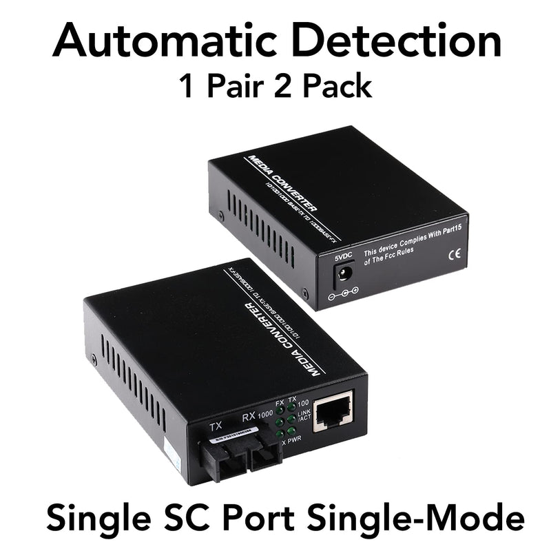 A Pair 2 Pack SC Single Mode Gigabit Ethernet Media Converter 10/100/1000Mbps Bi-Directional Single SC Fiber Ethernet Transceiver up to 20km RJ-45 Port 10/1000Base-TX to 1000Base-FX 1310-nm Single-Mode SC Single Port
