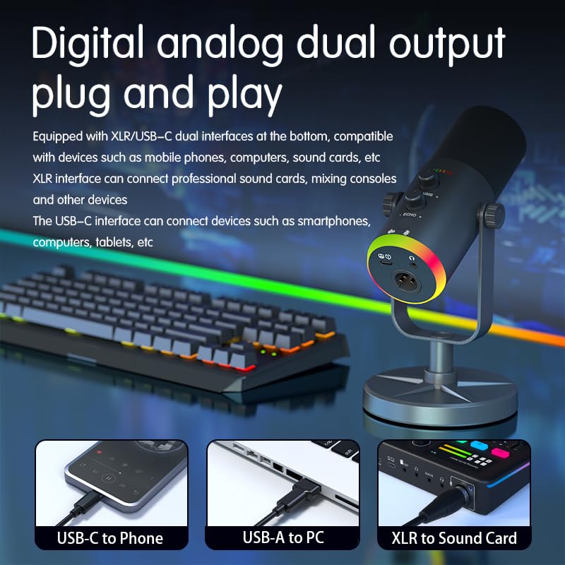 USB/XLR Dynamic Microphone for Podcasting, Gaming Streaming Mic with RGB Light, Mute Button, Noise Cancellation, Desktop Stand
