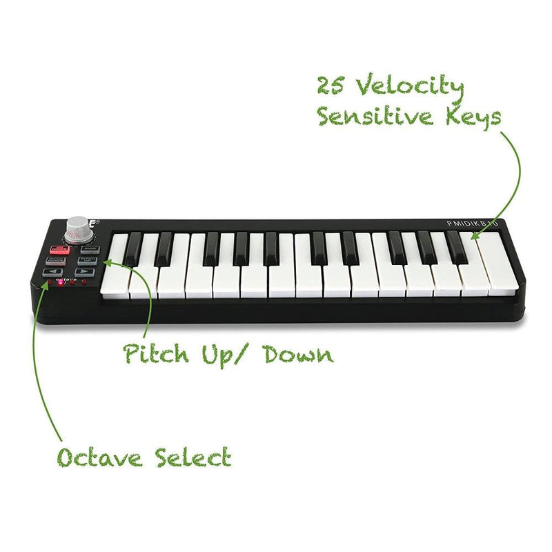 Pyle USB MIDI Keyboard Controller - Upgraded 25 Key Portable Audio Recording Workstation Equipment - Hardware Buttons Control any DAW Software for Computer Music Production - PMIDIKB10_0