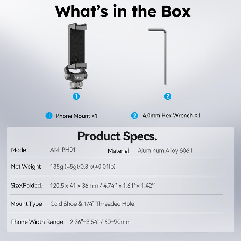 Sirui Metal Phone Holder with Cold Shoe Base for Camera Mount, Universal Tripod Smartphone Clamp with 3 Cold Shoes, Adjustable Cellphone Tripod Mount for iPhone 16 15 14, etc. Gunmetal, AM-PH01