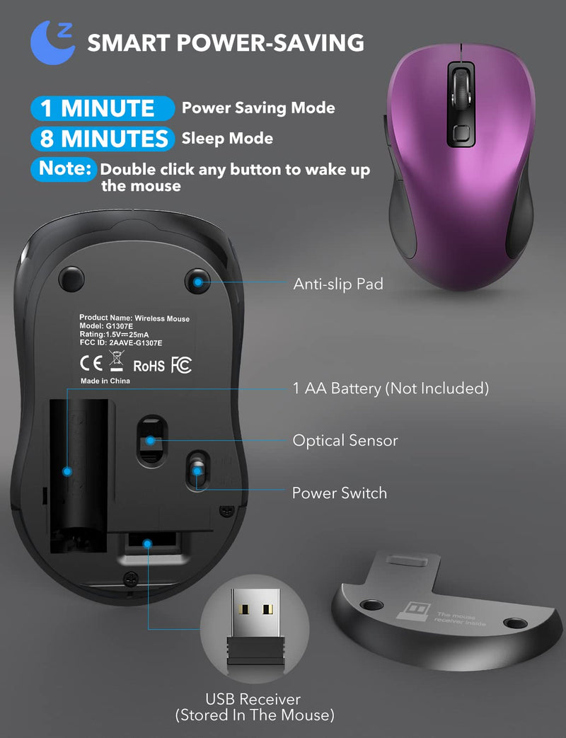 Wireless Mouse for Laptop, Trueque 2.4GHz Ergonomic Computer Mouse with 3 Adjustable DPI Levels, Page Up & Down Buttons, USB Mouse for Chromebook, PC, Desktop, Notebook, MacBook (Purple) Purple