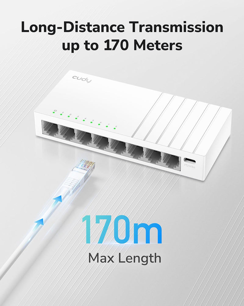 Cudy 8 Port Gigabit Unmanaged Ethernet Switch, USB-C Powered, GS108U | 8x GbE RJ45, Type-C powered via laptop/TV/power bank, 16 Gbps capacity, 170m Cat5e reach, white design, silent