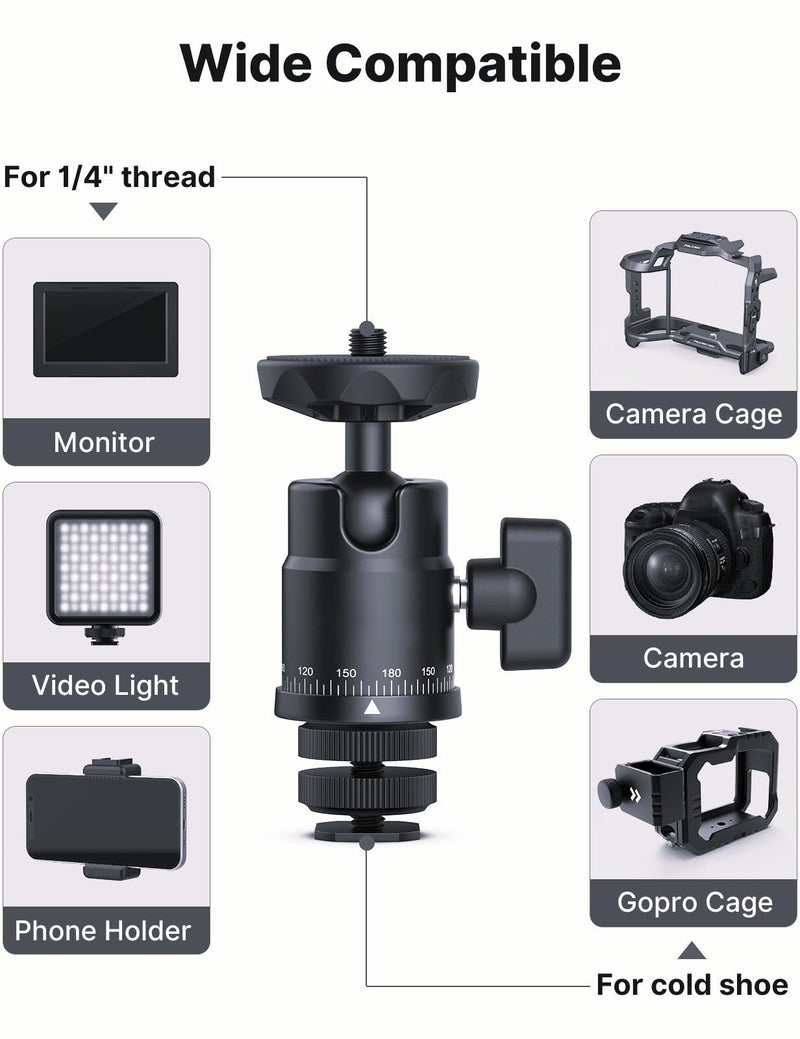 [AUSTRALIA] - XIAOTJ Mini Ball Head with Hot Shoe Mount Adapter, Metal 360° Rotating Panoramic Tripod Head with 1/4" Screw, for Monitor/LED Light/Action Cameras/Phone Holder Attach DSLR Camera Cage Cold Shoe Mount 