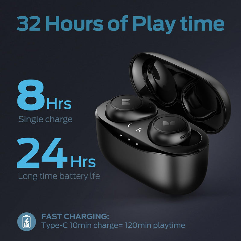 Monster Wireless Earbuds,5.3 in-Ear Headphones Bluetooth Headphones Touch Control with Charging Case, Bluetooth Earbuds,32H Play Black