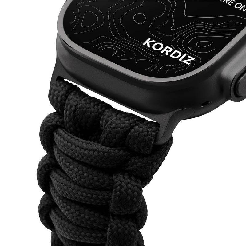 KORDIZ Survivor - Nylon Paracord Apple Watch Band Compatible with Apple Watch ULTRA 3, ULTRA 2 / 1 [49mm] & Series 11, 10, 9, 8, 7-1, SE3, SE2, SE [46mm 45mm 44mm 42mm] - with Stainless Steel Adjustable Shackle Black - Ultra 49mm Black Medium