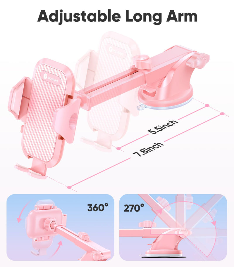 VICSEED Stable Car Phone Holder [Upgraded Strongest Suction, Won't Break] | Military-Grade Cell Phone Mount for Dash/Windshield/Vent/Truck/Boat, Universal for Big iPhone Android with Thick Cases, Pink Hot Pink