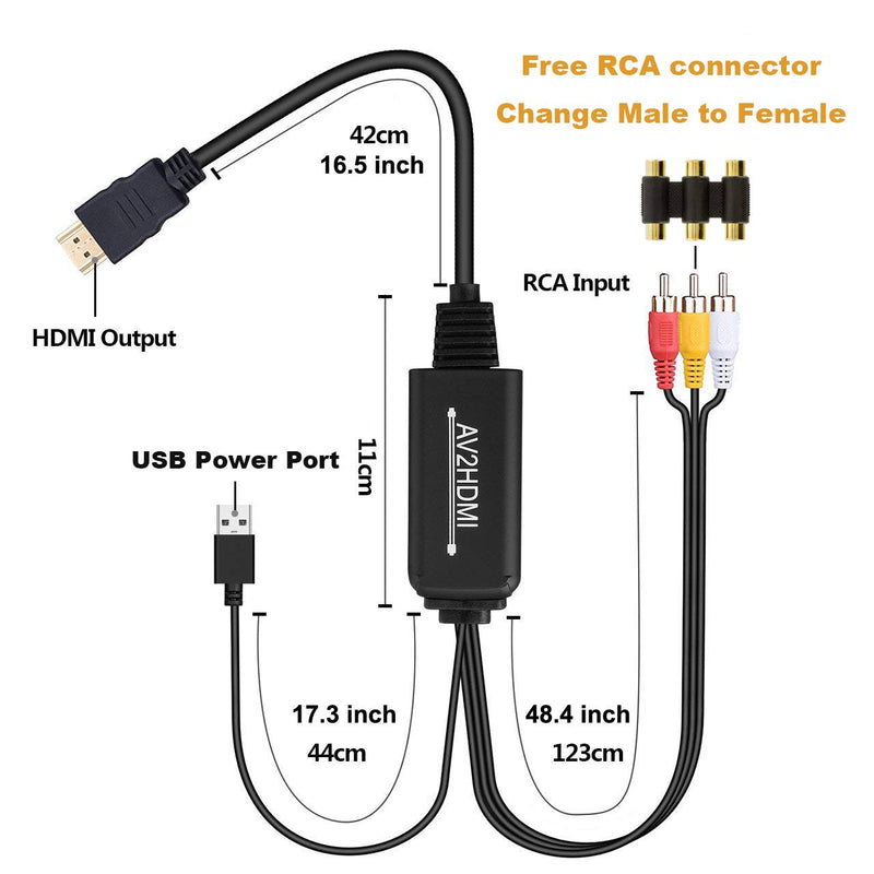 RCA to HDMI Converter, 1080P RCA Composite AV to HDMI Video Converter Cable Compatible with Wii NES N64 PS2 Xbox 360 Sega Genesis VHS VCR DVD Players to Modern TV