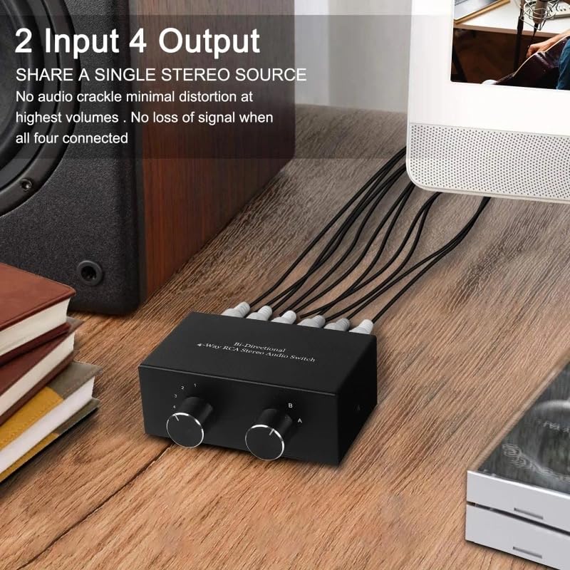 [AUSTRALIA] - 4 Way RCA Switcher 2 in 4 Out L/R Sound Channel Bi-Directional Audio Swith Splitter for DVD Stereo Speaker CD Player 