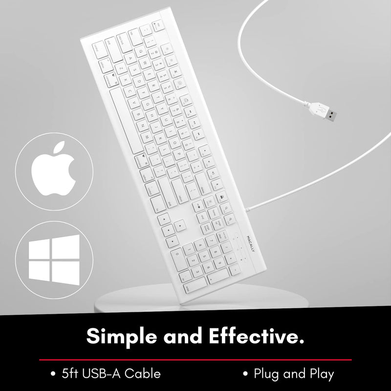 Macally Full Size USB Wired Keyboard for Mac and PC - Plug & Play Wired Computer Keyboard - Compatible Apple Keyboard with 15 Shortcut Keys for Easy Controls & Navigation - White Wired USB