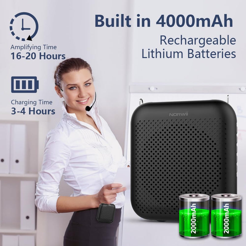 Norwii Wireless Voice Amplifier, 10W 4000mAh Portable Bluetooth Rechargeable PA System with 2 Microphones for Teachers, Meetings, Promotions and Outdoors, Black