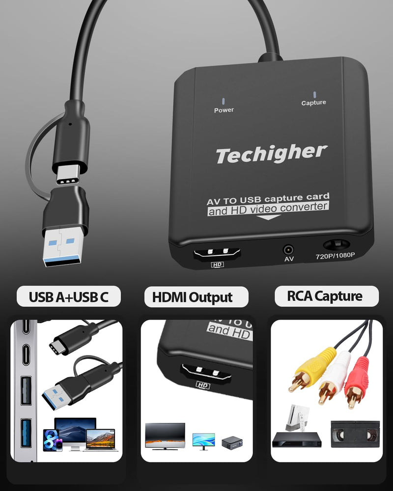 VHS to Digital Converter & RCA to HDMI Adapter USB Video Capture Card for VCR/DVD/AV/PS2/Wii,av to hdmi Converter to Display Output, wii hdmi Adapter,Save/Convert OldVideo (Optimized 2025) Optimized 2025