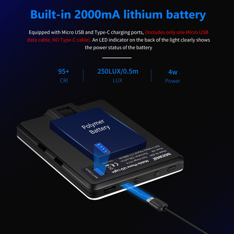 NEEWER Selfie Light with Front & Back Phone Clip, High Power 60 LED 2000mAh Rechargeable CRI 95+, 3 Light Modes, Portable Clip on Light for Tablet/Laptop, Zoom Call TikTok Video Fill Light (NL-60AI) Bi Color