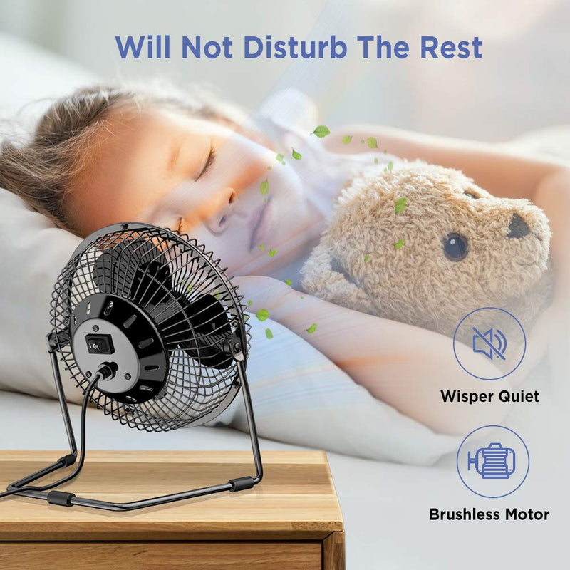 EasyAcc 6 Inch USB Desk Fan, [ Small Quiet Powerful Metal Fan ] USB Powered Portable Fan, Strong Airflow& 360°Rotation Personal Table Cooling Fan with 2 Speed - Black (USB POWERED ONLY) 6" USB Fan