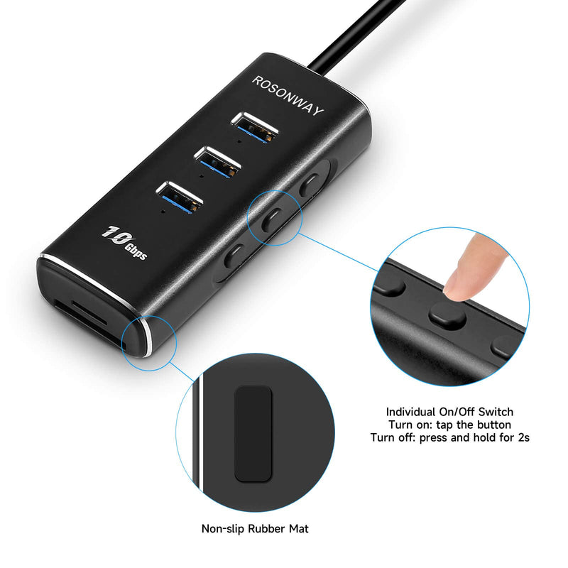 Rosonway 5 in 1 USB C Hub with 3 USB 3.2 10Gbps Data Ports, SD/TF Card Readers, 2ft Cable and Individual Switches, for PC, Laptops, M1 Mac Mini, iMac, MacBook Pro/Air, RSH-A104D