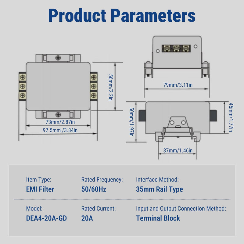 Uadme DEA4-20A-GD EMI Filter Performance Filter 115V 250V 20A 50/60Hz Single-Phase Filter, Terminal Block Connection