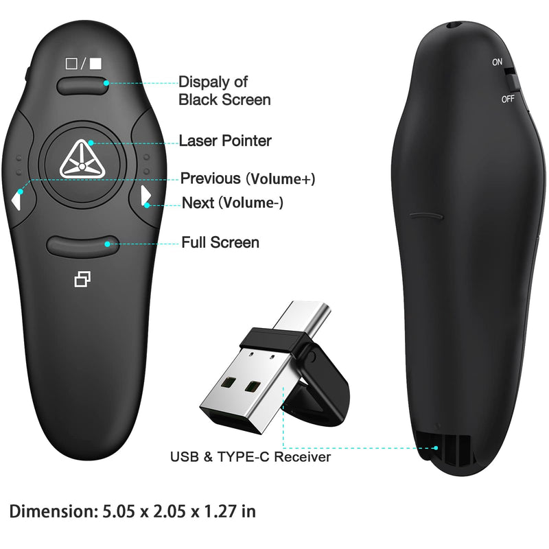 2-in-1 USB Type C Presentation Clicker Wireless Presenter Remote Clicker for PowerPoint Presentations with Laser Pointer, Rechargeable USB C PowerPoint Clicker Slide Advancer for Computer/Mac/Laptop