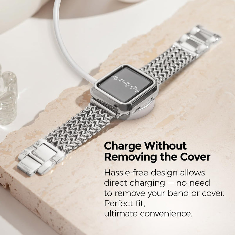 My Pretty Strap Silver Apple Watch Band & Glossy XOXO Protective Case Bundle – Elegant Stainless Steel Strap & Luxury Metal Cover for Apple Watch Series 1-11, SE & Ultra (40MM) Queen Vogue