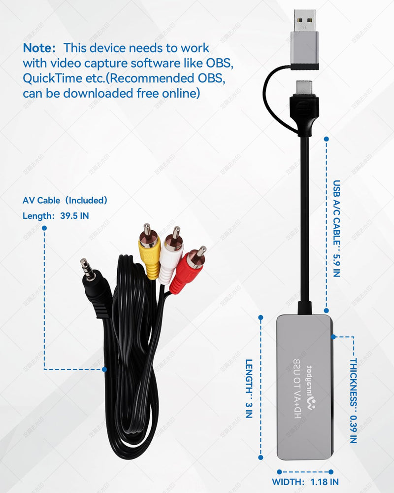 [AUSTRALIA] - VHS to Digital Converter, Video Capture Card for VHS/DVD/HI9/AV/Wii, RCA to USB Converter Analog to Digital Adapter for Saving Old Memories RCA/S-Video/HDMI Input (USB-A+USB-C) USB A+USB C 