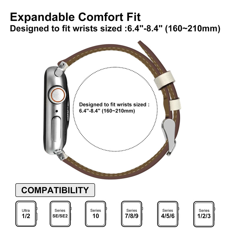 2 Pack Genuine Leather Bands (Brown and Beige) Compatible with Apple Watch Band for Women Men 42mm 41mm 40mm 38mm, for iWatch Series 10 9 8 7 6 SE 5 4 3 2 1