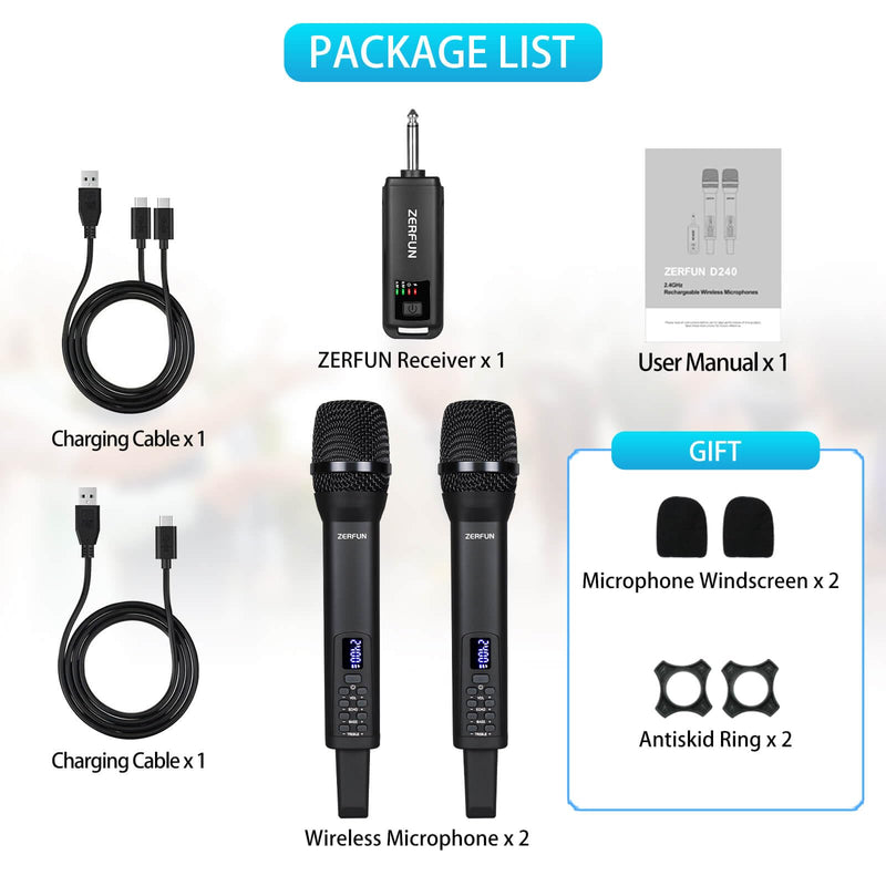 [AUSTRALIA] - Dual Rechargeable Wireless Microphones, Pro Handheld Cordless Mics System with Echo Treble BASS VOL Control for Karaoke Singing Church Party, 1/4'' Output, Black 2 Mics, Black 
