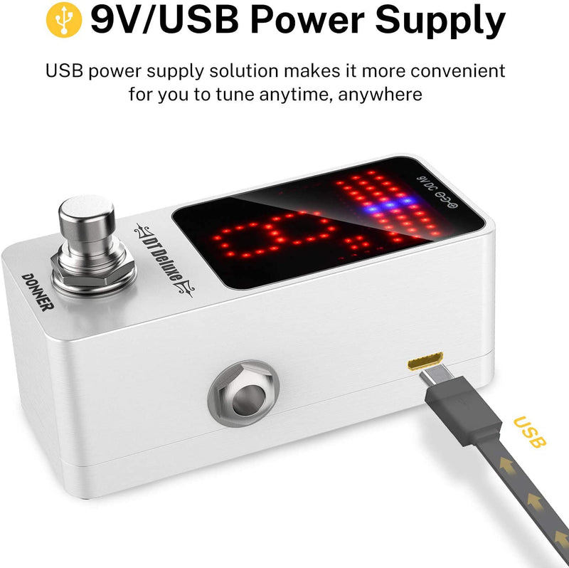 Donner Tuner Pedal, DT Deluxe Chromatic Guitar Tuner Pedal for Electric Guitar and Bass ± 1 Cent USB or 9V Power Supply True Bypass White Tuner