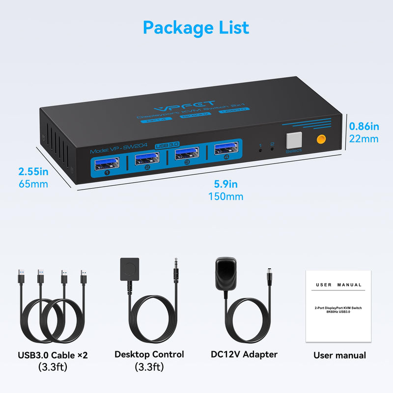 8K@60Hz KVM Switch 1 Monitors 2 Computers Displayport 4K@120Hz | DP KVM Switches Single Monitor for 2 PC/Laptops Share 4 USB 3.0 Ports Support Extended & Duplicate Display Mode