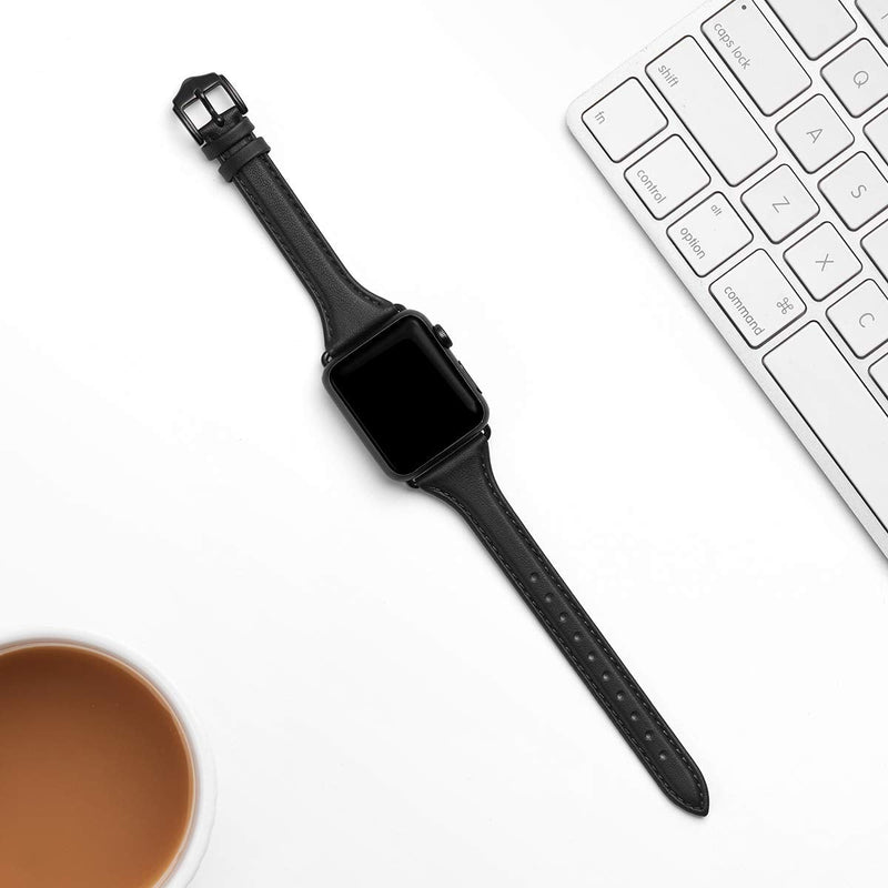 Slim Apple Watch Leather Band and Stainless Steel Metal Band for iWatch 38mm, 40mm, and 41mm，Black Black+Metal Black