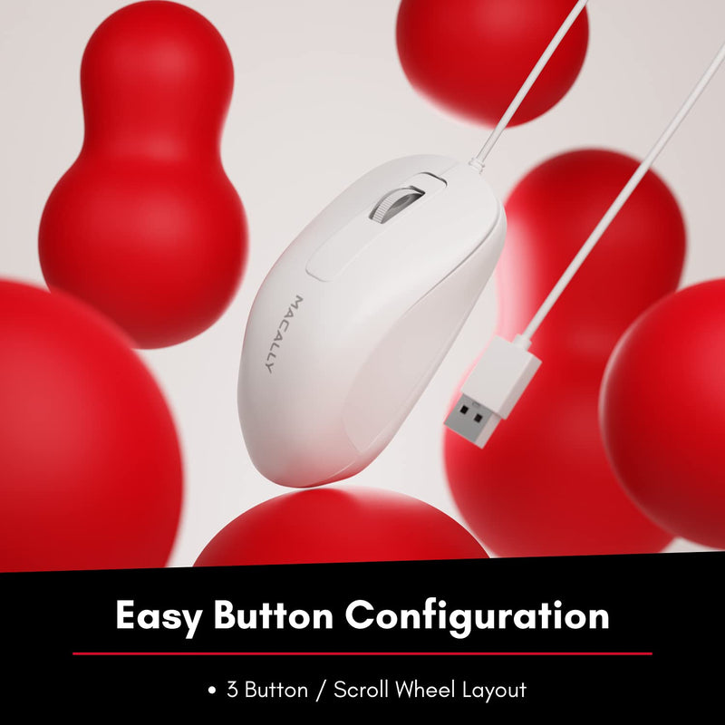 Macally USB Wired Computer Mouse for Mac and PC - Simple, Clean, and Effective - White Wired Mouse with 5ft Cable, 3 Buttons, and 1000 DPI Sensor - Plug and Play Wired Mice for Mac