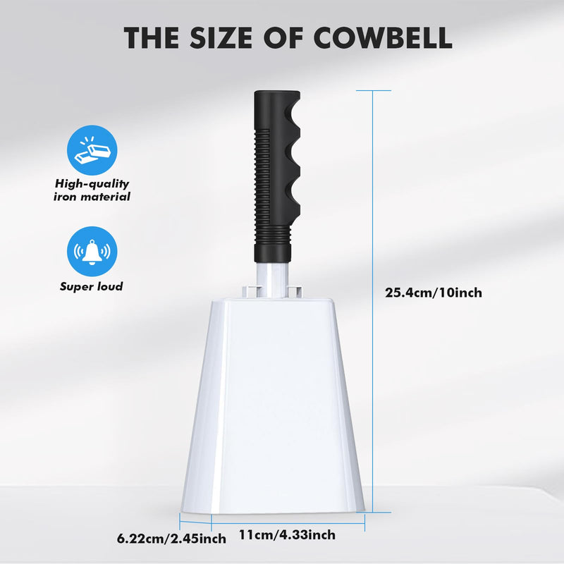 10 Inch Cowbell with Handle, Noise Maker Cow Bell, Steel Cheering Bell for Sports Events Graduations Party Chimes, Percussion Musical Instrument (White 2 PCS) White 2 PCS