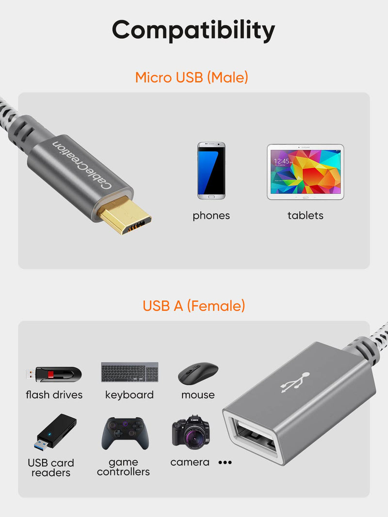 CableCreation Micro USB 2.0 OTG Cable Braided On The Go Adapter Micro USB Male to USB Female Compatible with Samsung S7, Flash Drive, Mouse, Keyboard, Game Controller, Aluminum Space Gray