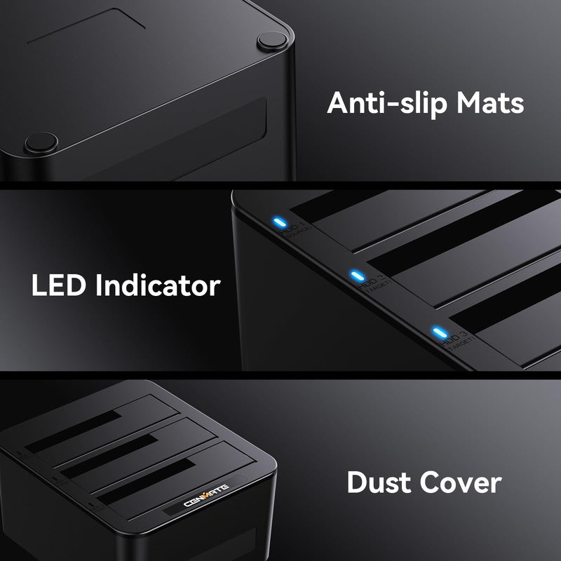 CENMATE 3 Bay Hard Drive Enclosure for 2.5“/3.5" SATA HDD/SSD with USB A/C 3.0, Hard Drive Enclosure Support Hot Swappable, Tool-Free HDD Enclosure 637-1