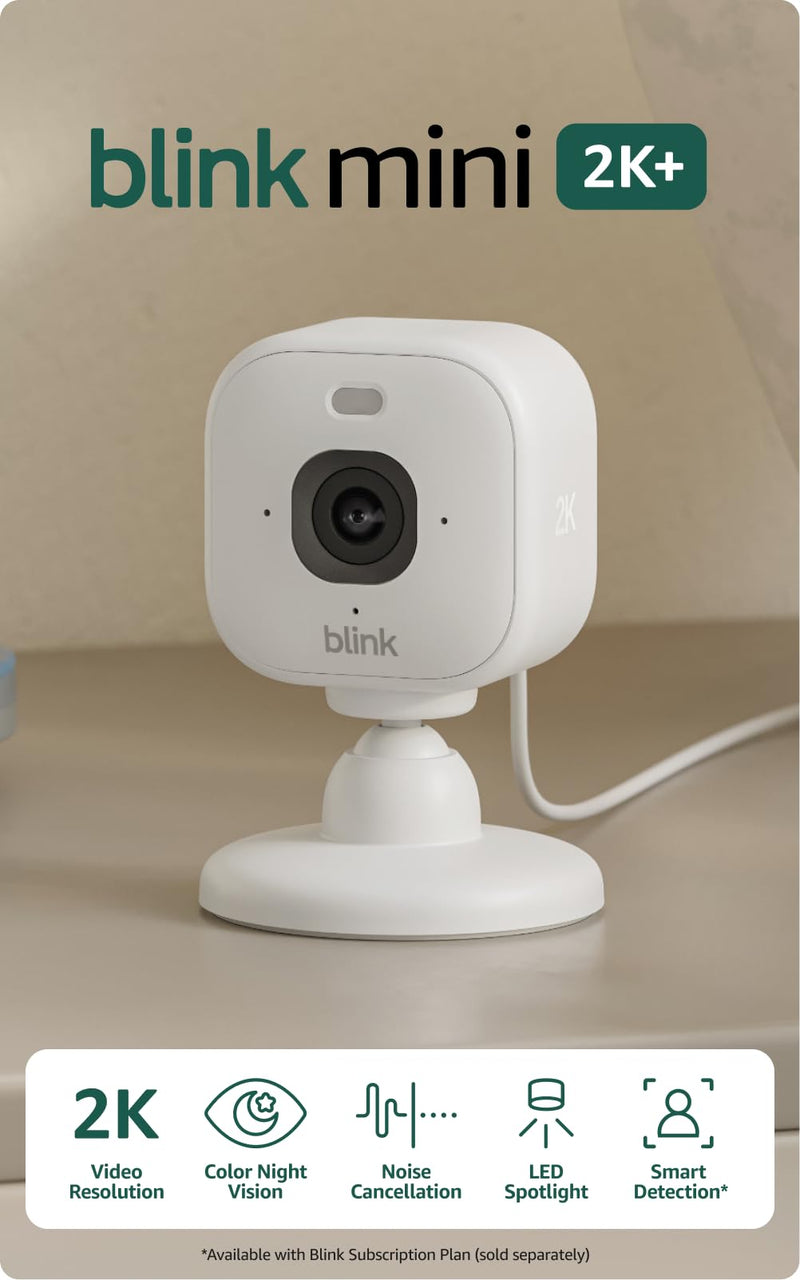 Blink Mini 2K+ (newest model) with 1-Year Basic plan – Plug-in Home & Pet Security Camera with 2K video resolution, color night vision, enhanced audio, motion detection – 1 camera (White)