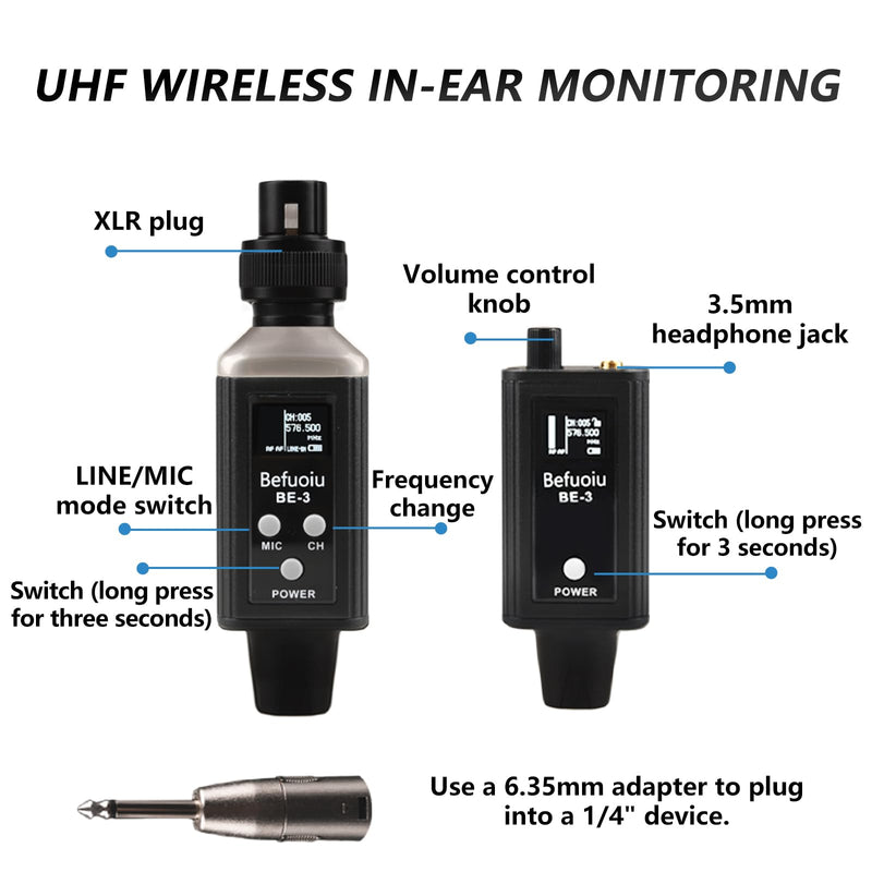 UHF Wireless In Ear Monitor System Metal, Professional Wireless IEM System, 16 Adjustable Channel, Portable Rechargeable Transmitter and bodypack Receiver for Studio, Band Rehearsal, Live Performance Black