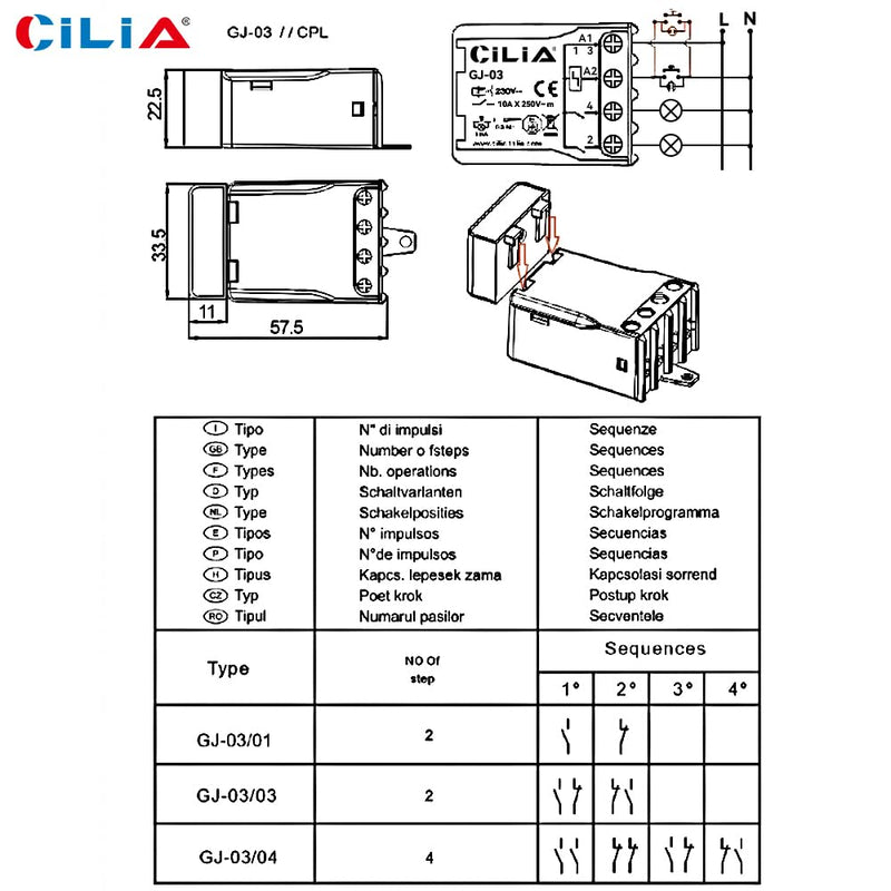 CILIA 230V Electromechanical Pulse Relay with Coil Circuit and Separate Contacts with 1/2 NO Contact (2) Commutator