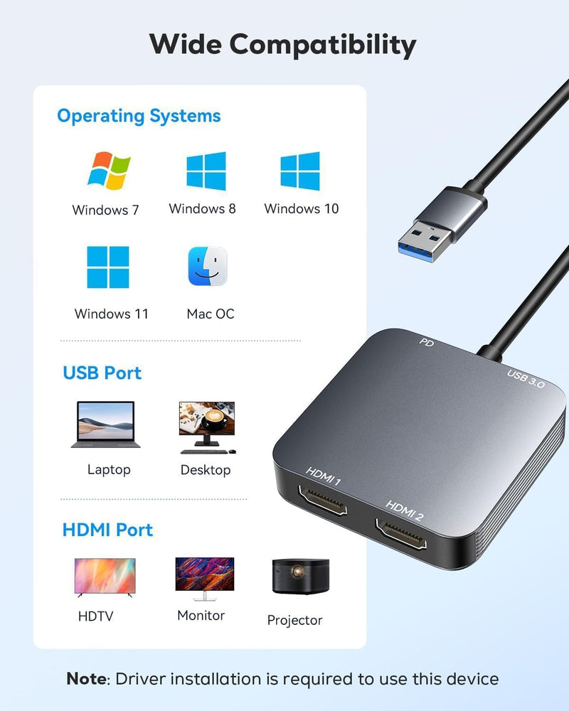 [AUSTRALIA] - ABLEWE USB 3.0 to Dual HDMI Adapter with USB 3.0 Port, HDMI to USB Audio Video Graphics Converter Cable for Laptop Monitor Desktop TV, Compatible with Mac OS, Windows 02 cm 