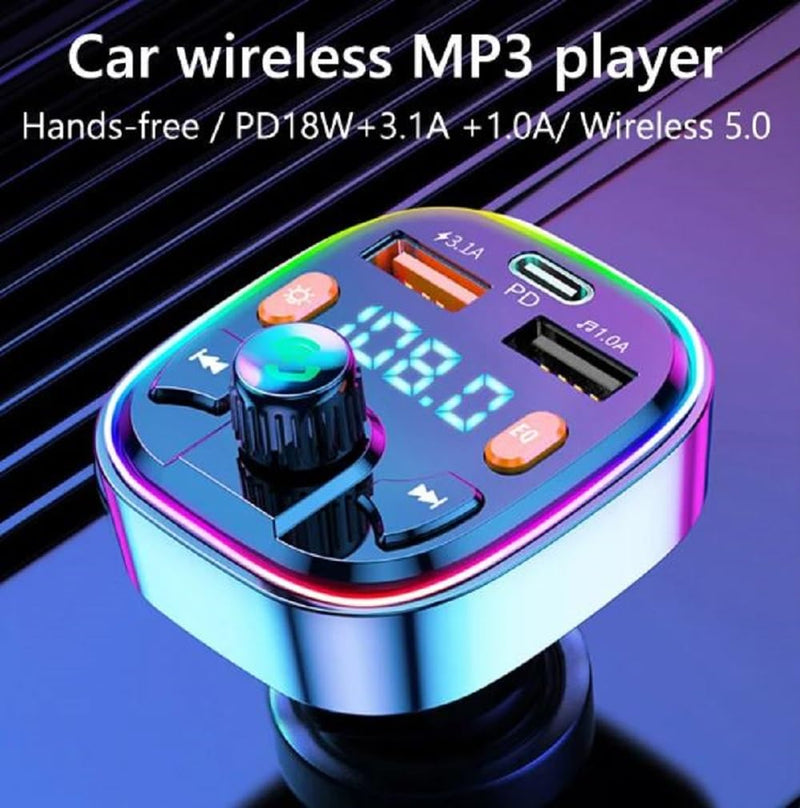Bluetooth FM Transmitter for Car,Bluetooth Car Adapter with Dual USB Charging Car Charger MP3 Player Support TF Card & USB Disk,Hands Free Calling,7 Colors Led Backlit Light
