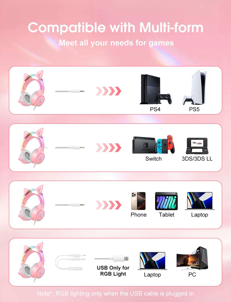 Lightweight Gaming Headset with Detachable Cat Ears, RGB Lighting, Wired Over Ear Headphones with Mic for PC, PS4, PS5, Switch, Stereo Surround Sound, Self-Adjusting Headband Pink Cat Ear