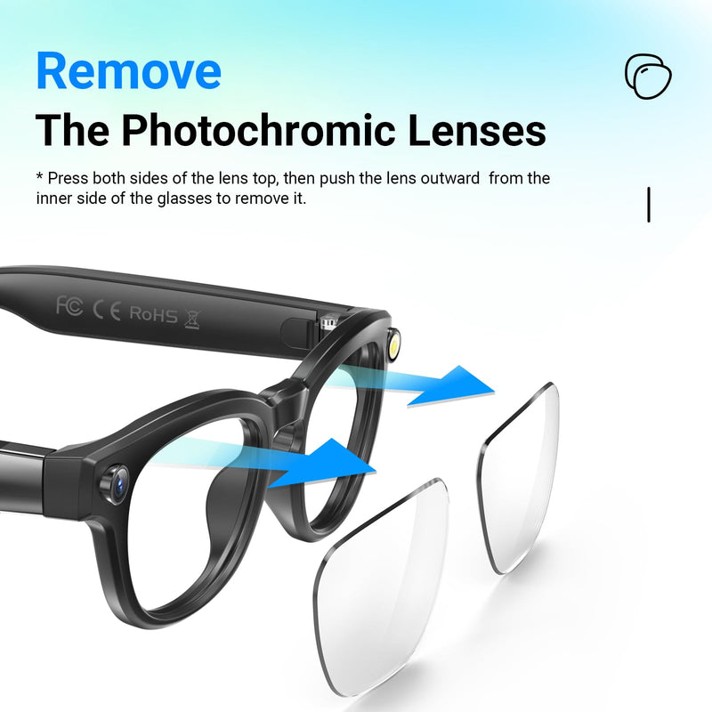 8MP Camera Glasses for Men and Women & Replacement Sunglasses Lenses, HD 1200P 4K Video Recording | Real-Time Translation & Object Analysis