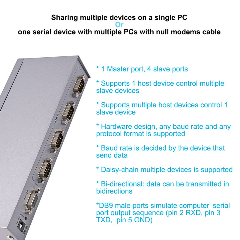RS232 Splitter, DTECH 4 Port Serial Expansion Box 1x4 COM Port Expander with Power Adapter for Sharing PCs and Capture Data 4-port serial splitter