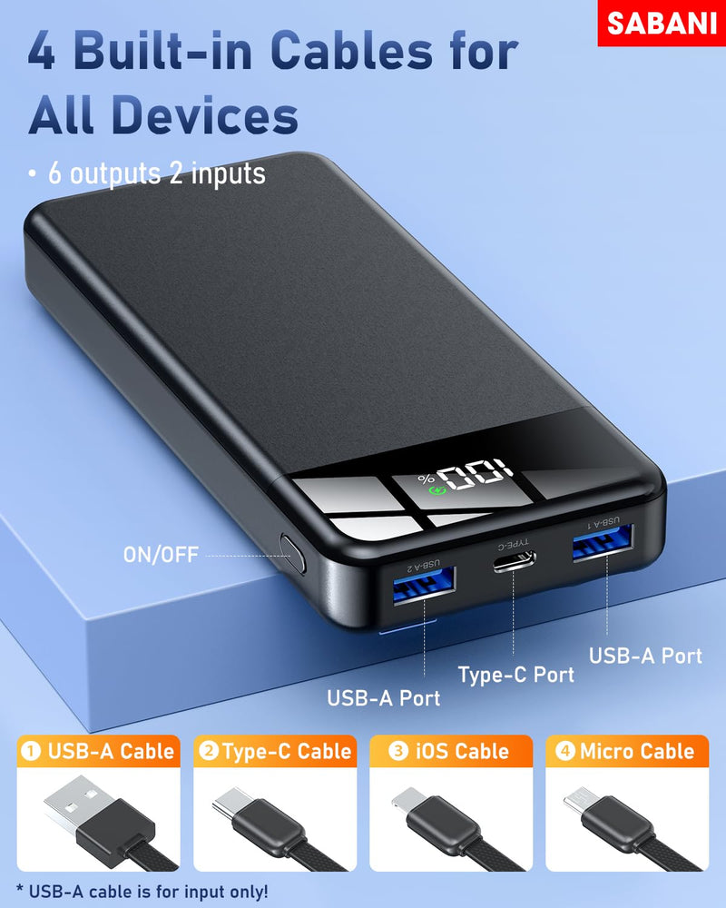 SABANI Portable Charger 35000mAh Power Bank - Portable Battery with 4 Built in Cables, 22.5W Fast Charging Battery Pack Compatible with iPhone 16 15 14 13 Samsung Android Phone etc (1 Pack, Black) A-Black
