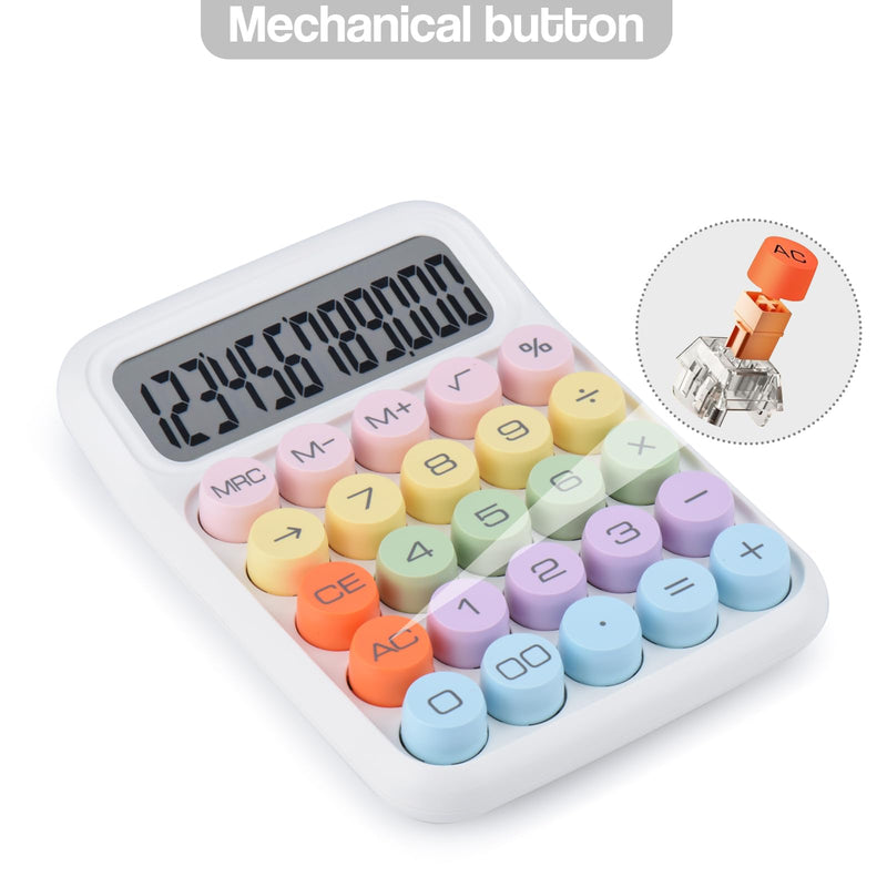 Mechanical Pushbutton Calculator,12 Digit Large LCD Display,Big Buttons Easy to Press,Colorful Candy Calculator,Automatic Sleep,with Battery.for Office,School, Home. (White) white