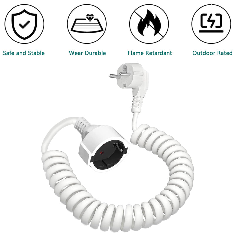 Protective Contact Extension, Spiral Extension Stretchable from 0.58 m to 2 m Max, IP20 Extension Cable, Extension (230 V/16 A), Spiral Cable with Schuko Plug and Coupling, White