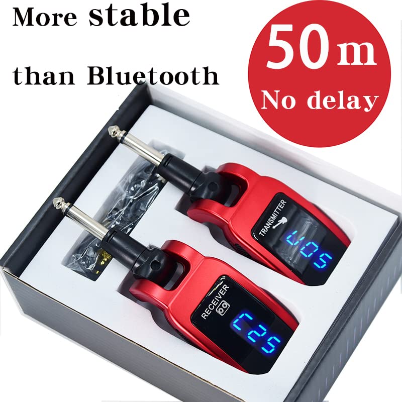 Arklove 1/4 inch Ts Jack 6.35mm mic Microphone Wireless Guitar System Rechargeable Guitar Transmitter Receiver Set Bass Pick Up Accessaries amp (Red) Red