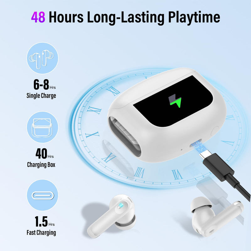 Wireless Earbuds, Bluetooth 5.4 Ear buds with Multifunctional Touch Screen, 48H Bass Stereo Headphones with ANC/ENC Noise Cancelling/Transparency mode, IPX7 Earphones with 5 EQ Modes, Ivory White