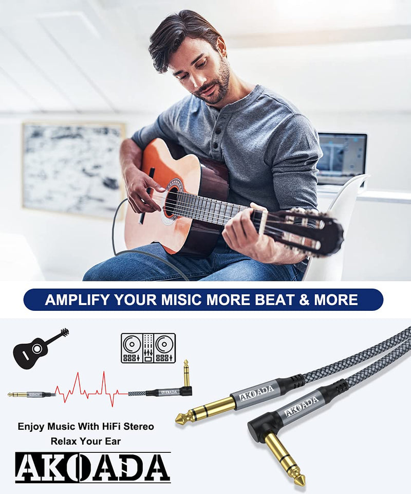 AkoaDa 1/4 Inch TRS Instrument Cable 20ft 2Pack Right Angle 6.35mm Guitar Bass AMP Cord 6.35mm 1/4 TRS Balanced Stereo Audio Male to Male Cable for Guitar,Bass,Keyboard,Mixer,Amplifier,Speaker 20 Feet Grey