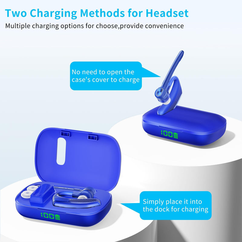 [AUSTRALIA] - Bluetooth Headset Wireless Earpiece Microphone 180H Playtime 1000mAh Wireless Charging Case Handsfree Single Ear Headset LED Display for iPhone Android Cellphones PC Computer Trucker Drivers Work Game Blue 
