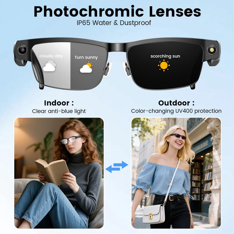 Smart Camera Glasses, Smart Glasses with Camera and Bluetooth 8MP HD Video Recording Anti-Shake 32G Support Chart GPT,WiFi,AI Voice Assistant,Translate,Music (Black Frame) Black Frame